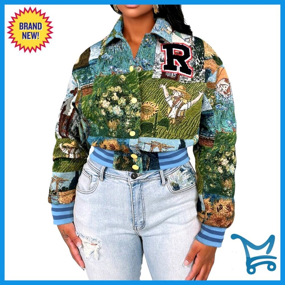Cropped Floral Bomber Jacket, Lightweight Polyester, Button Down, Casual